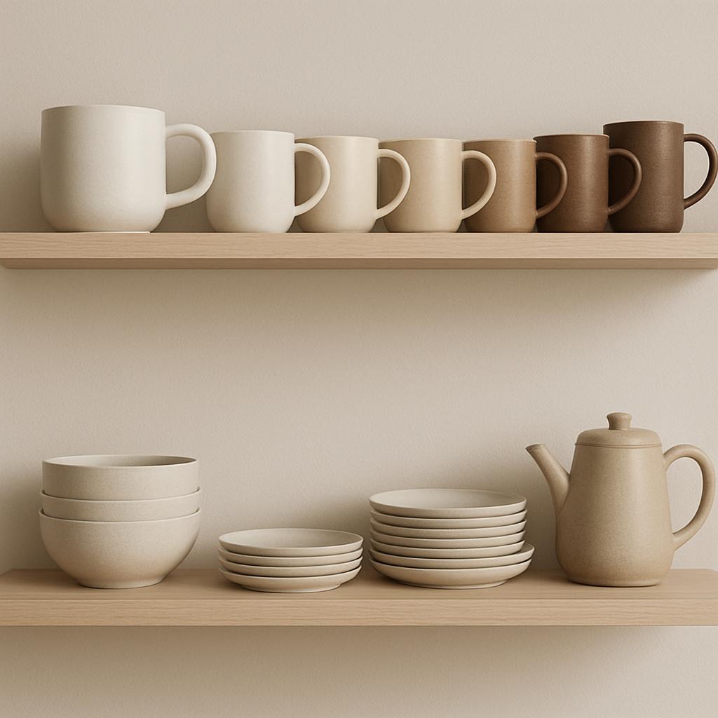 A shelf with various ceramics: bowls, mugs and a teapot, in varying shades of beige and white, light colour background.