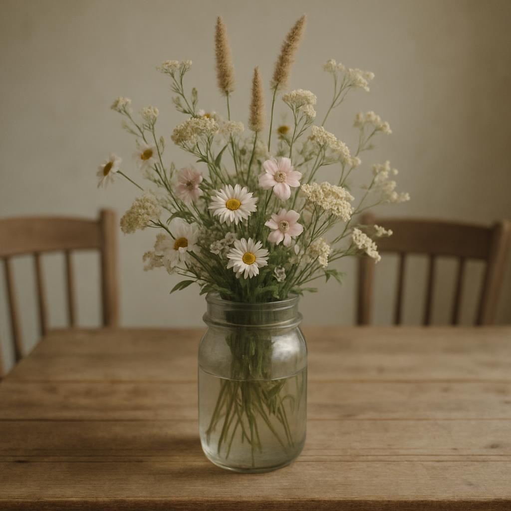 A bouquet of white and pink flowers in a glass jar, sitting on a wooden table.