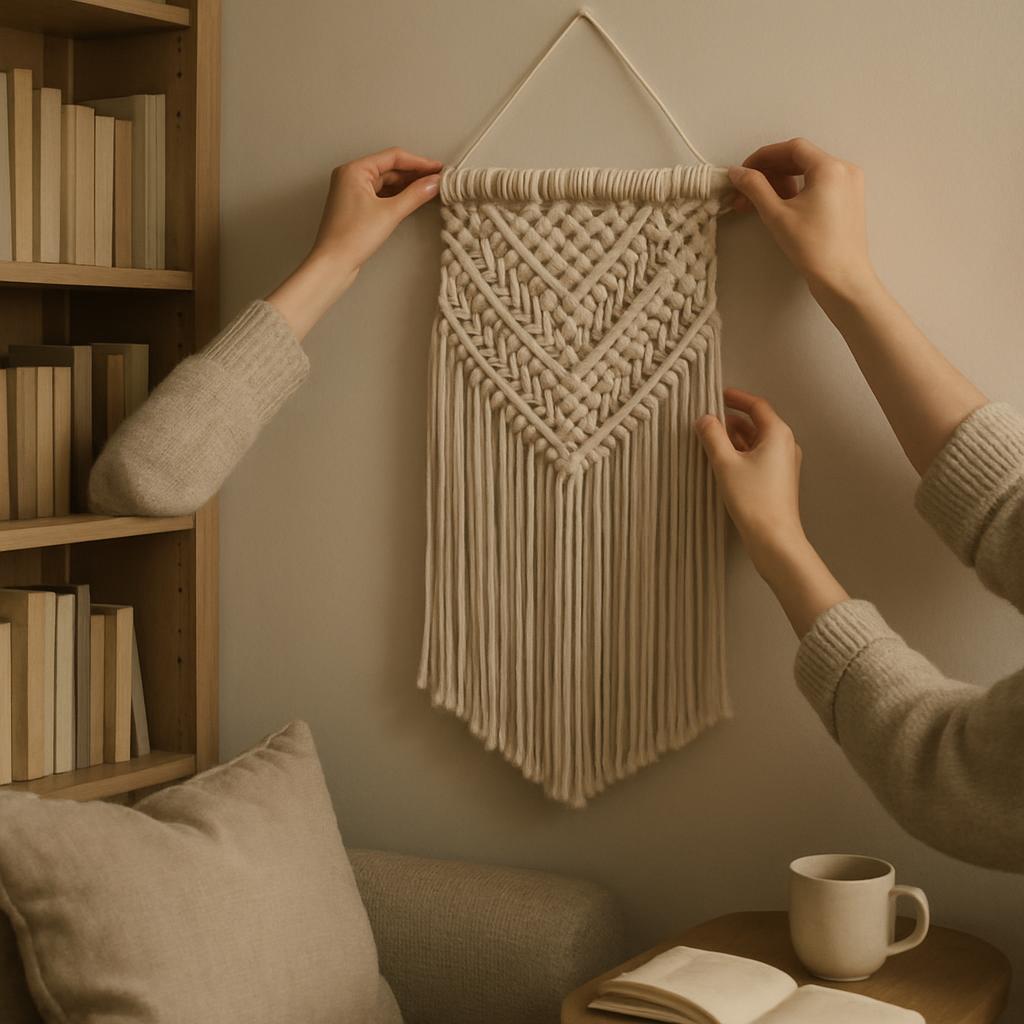 A woman displaying a macrame wall hanging in her home, accompanied by books and a cozy reading nook.