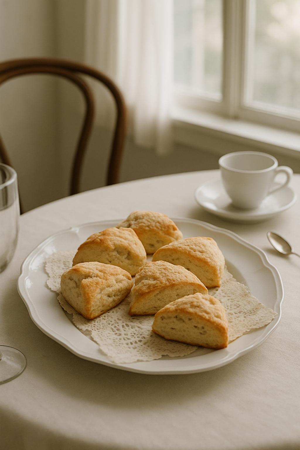 A white tablecloth background presents a selection of scone-like pastries, accompanied by a white teacup and saucer in the...