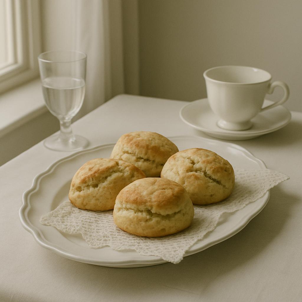 A plate of scones on a lace doily, accompanied by a glass of water and a white tea cup on a table against a wall.