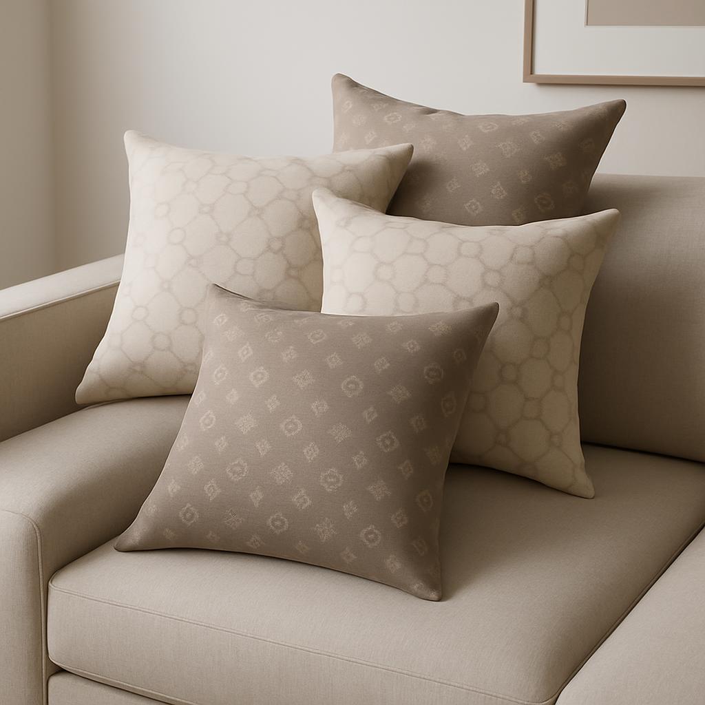 Sure, here is a photograph of four throw pillows in neutral colors on a sofa: [Image: f4a1116f-9ad6-4b20-b664-bbd8a7daa7a5]