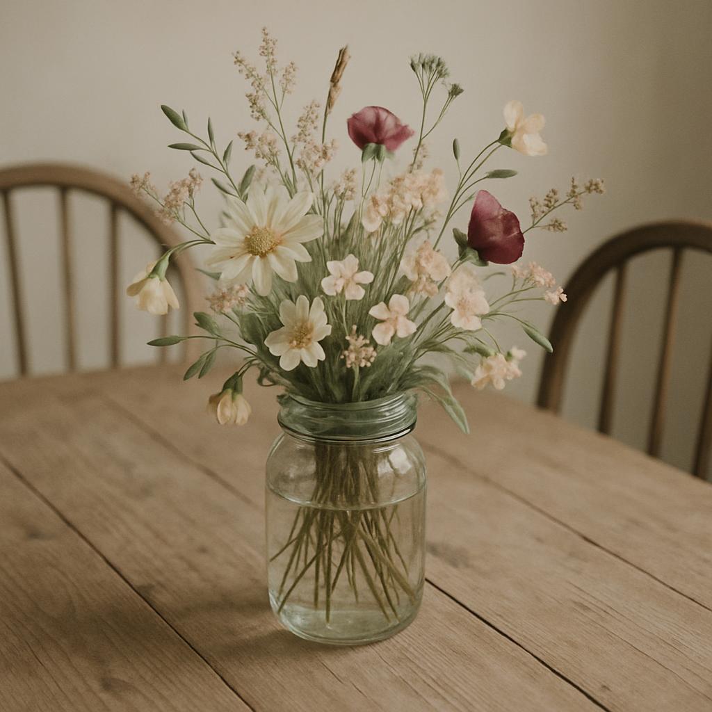 A bouquet of wildflowers in a glass jar on a wooden table.